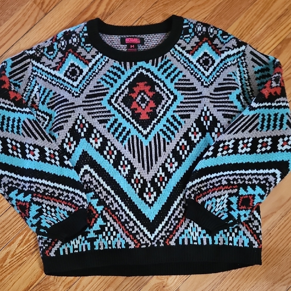 Rock&Roll Denim Aztec Patterned Sweater - Black, Red, Blue - Picture 4 of 5